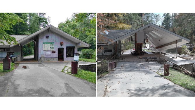 The Linville Falls Visitor Center in western North Carolina before and after Helene.
